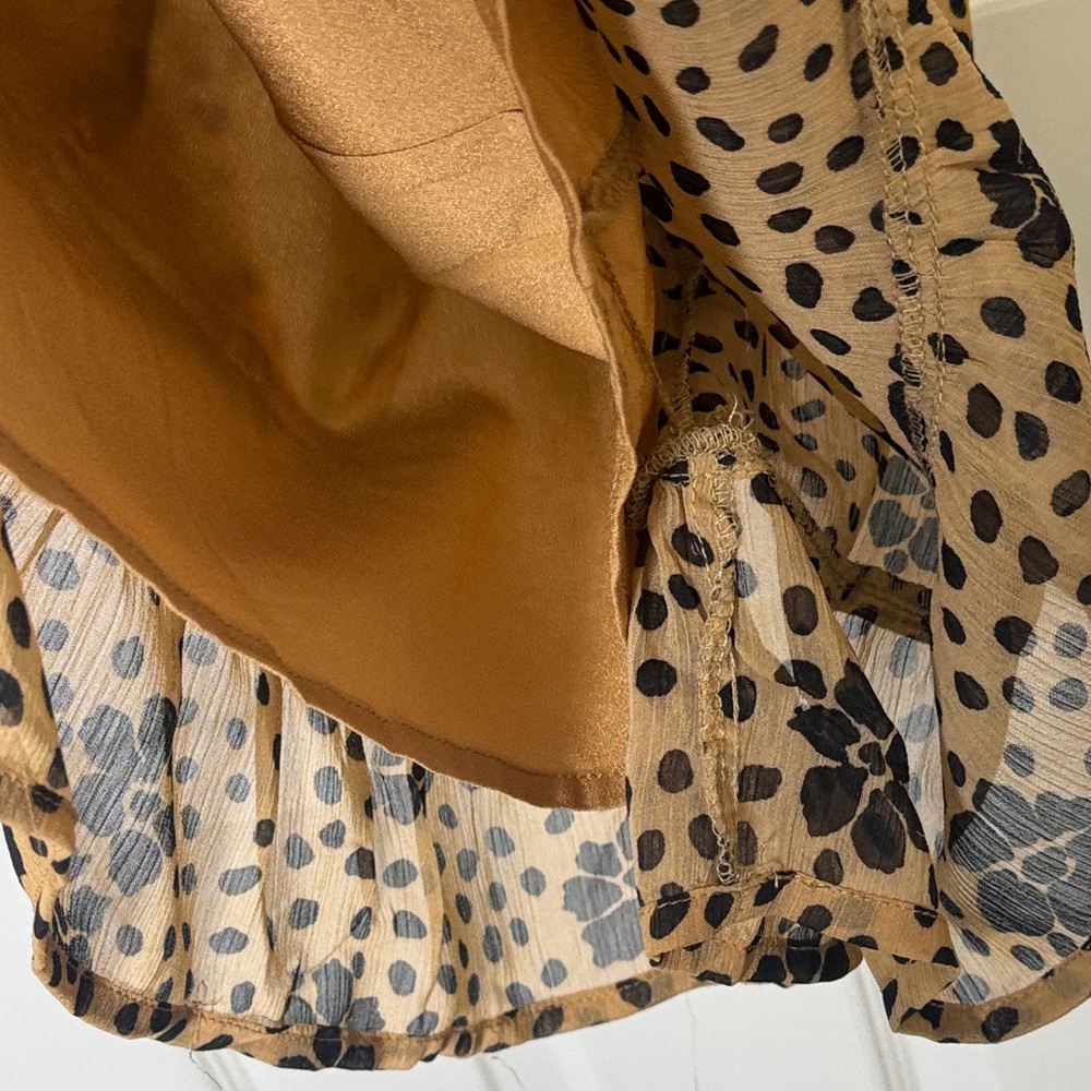 Forever 21 Tan Black Floral Polka Dot Dress Small Ruffle Sleeves Lined - Picture 10 of 10